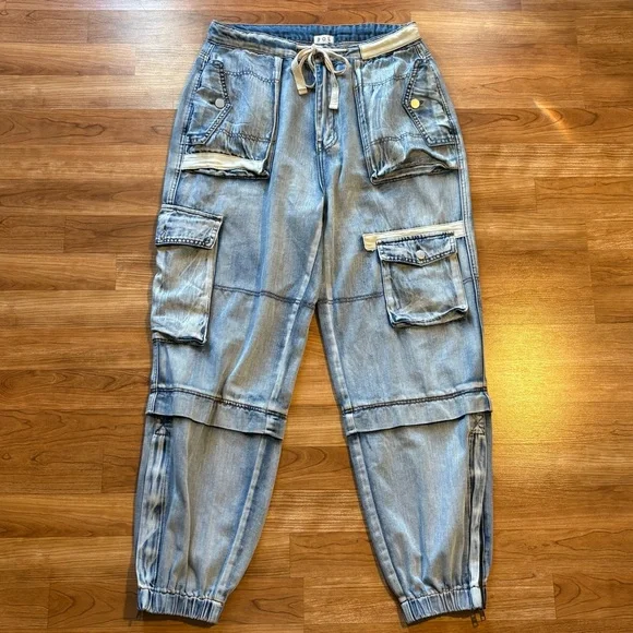 POL Multi Cargo Pocket Drawstring Waist Baggy Denim Joggers Women’s Large - Picture 2 of 15